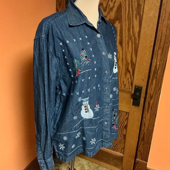 Vtg Y2K embroidered snowman denim shirt - Picture 9 of 10